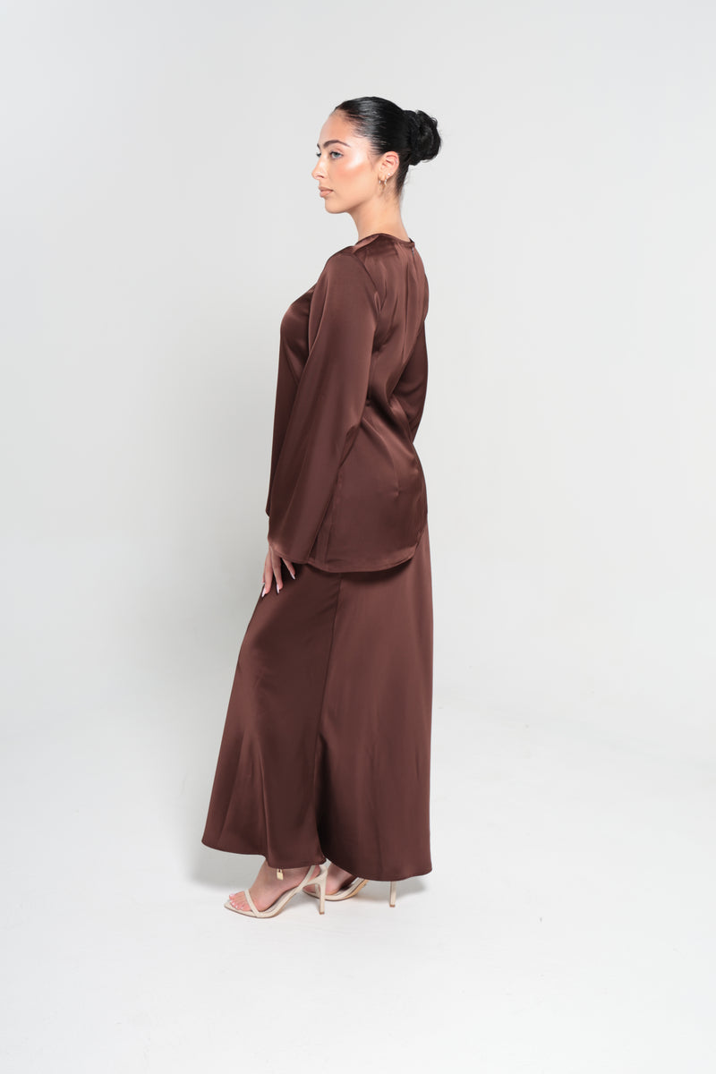 INDULGENCE SATIN MAXI SKIRT  | CHOCOLATE
