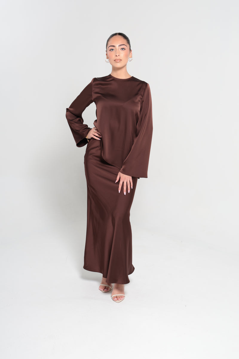 INDULGENCE SATIN MAXI SKIRT  | CHOCOLATE