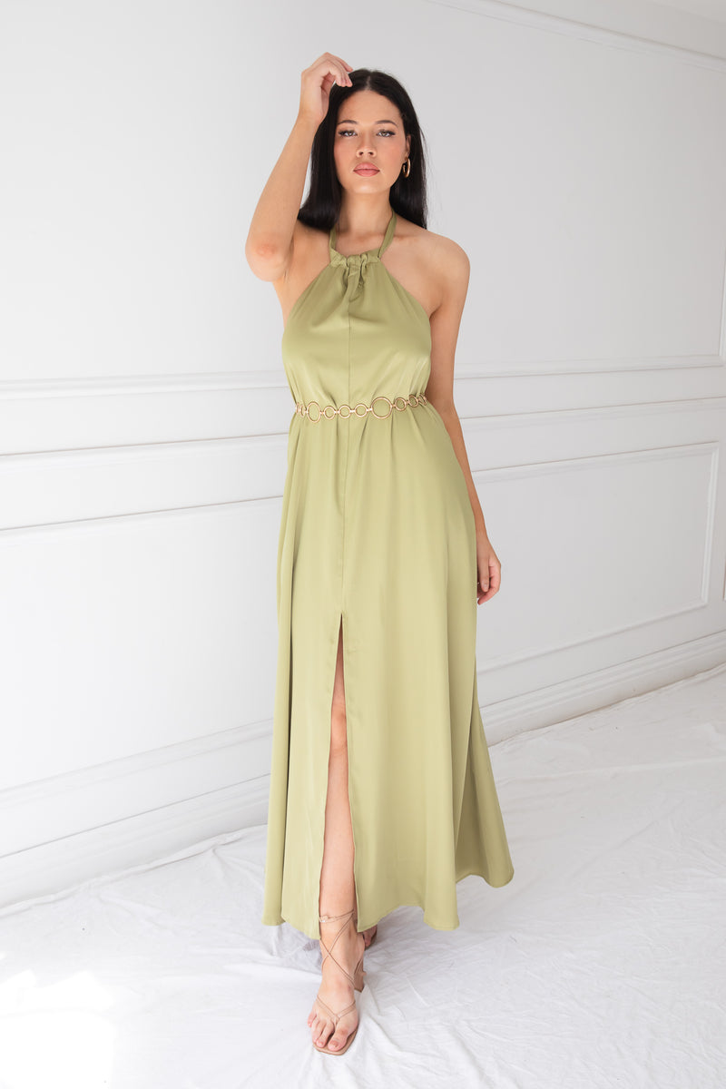 EVETTE SATIN DRESS | AVOCADO