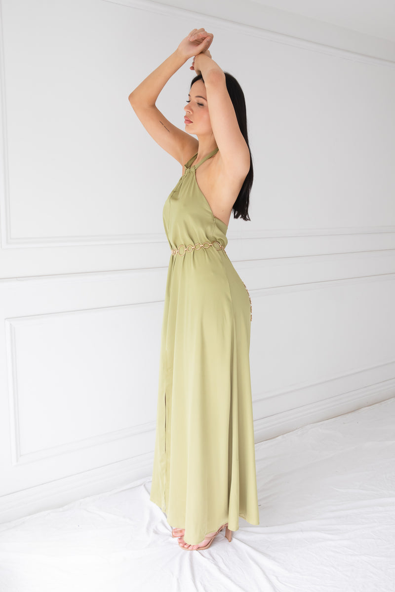 EVETTE SATIN DRESS | AVOCADO