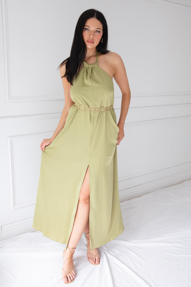 EVETTE SATIN DRESS | AVOCADO