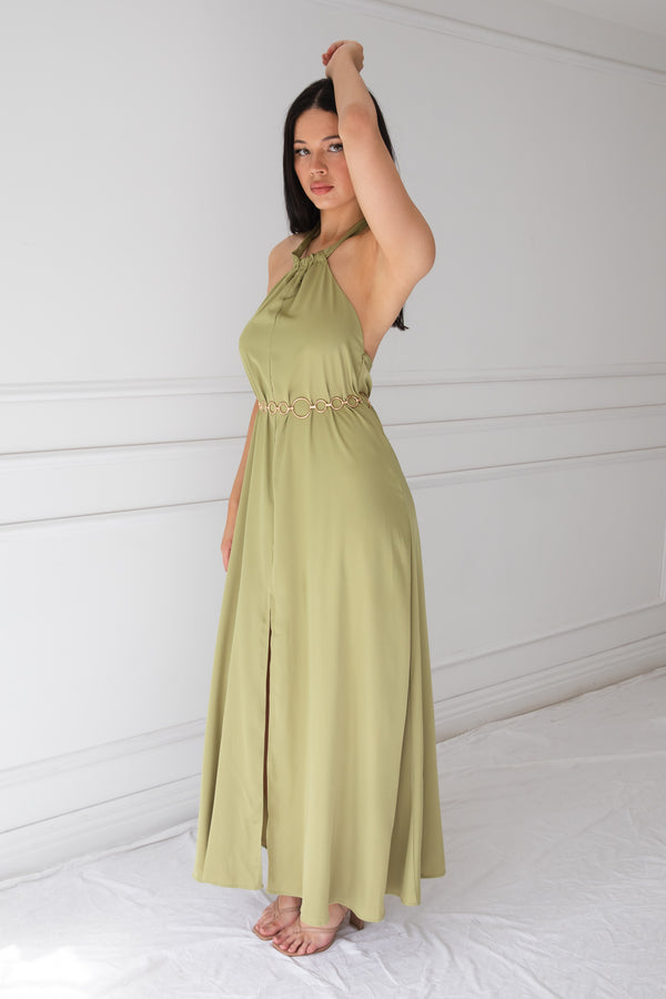 EVETTE SATIN DRESS | AVOCADO